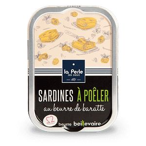 Boite de sardines à poêler au beurre de baratte de la conserverie la perle des dieux.